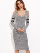 Tight gray knitted dress exposed long-sleeved shoulder-3