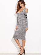 Tight gray knitted dress exposed long-sleeved shoulder-4