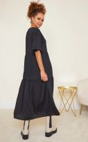 A black midi dress with short puff sleeves-2