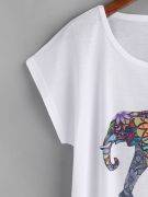 T-Shirt Short Sleeve White Colorful Elephant-2
