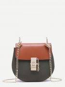 Leather shoulder bag with chain divided into two colors-1