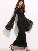 Long dress black lace with bell sleeves-2