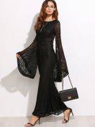 Long dress black lace with bell sleeves-3