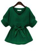 Green blouse half sleeve V collar with waist ties-1