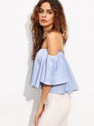 A short blue blouse with open sleeves with bell-shaped sleeves-2