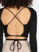 Short black blouse exposed back long sleeve-3