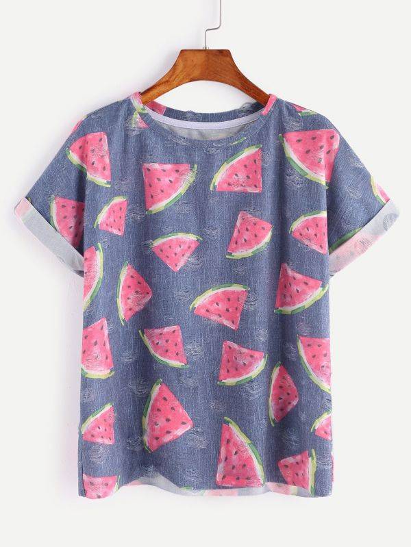 T-Shirt Print Watermelon Short Sleeve Round Jacket