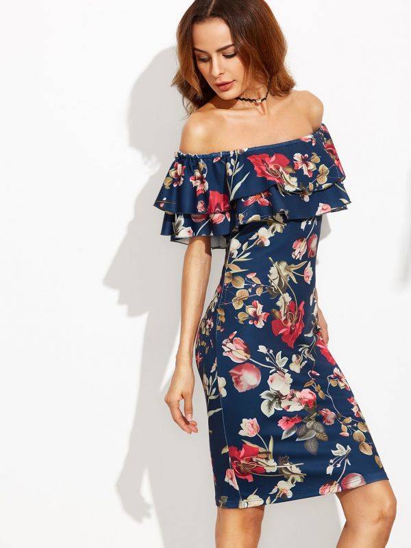 Strapless short-sleeved dress with flower print