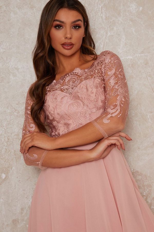 Pink lace bridesmaid dress