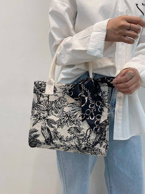 Canvas Graphic Handbag With Scarf