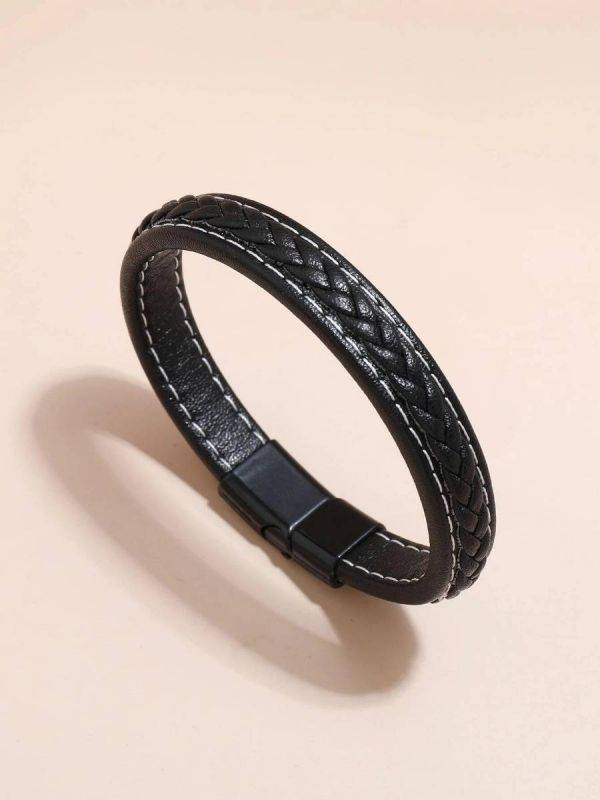 Elegant black leather bracelet for men