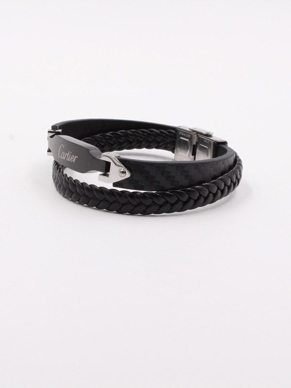 Cartier bracelet for men, black leather, double shine