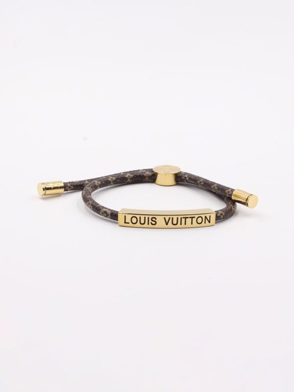 New in Box Louis Vuitton Gold & Silver LV Logo Black Leather Bracelet  (34531)