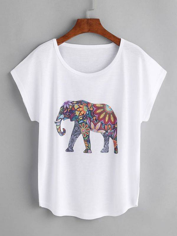 T-Shirt Short Sleeve White Colorful Elephant
