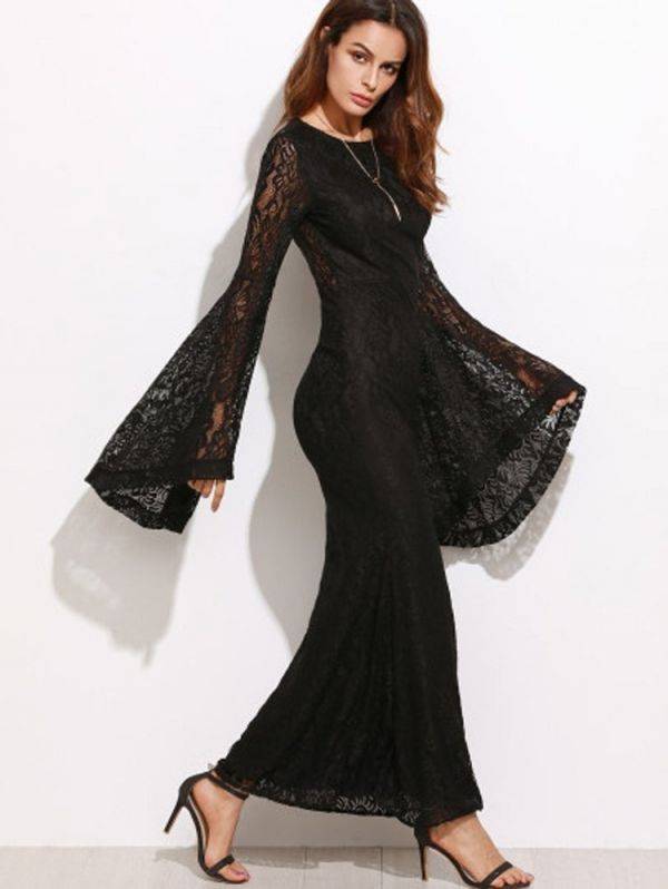 Long dress black lace with bell sleeves