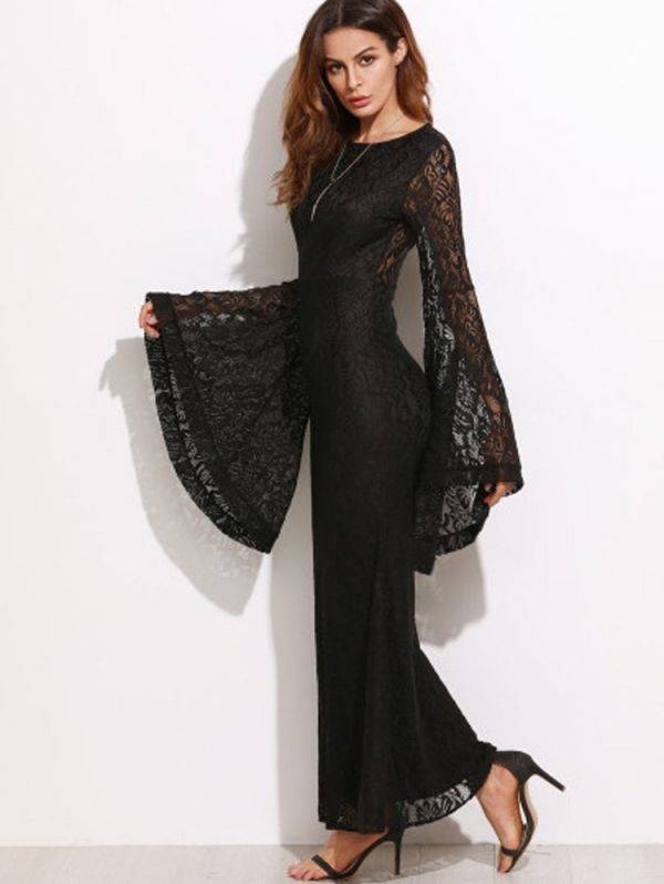 فستان طويل دانتيل أسود بأكمام جرس-5