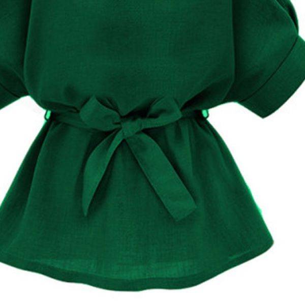 Green blouse half sleeve V collar with waist ties