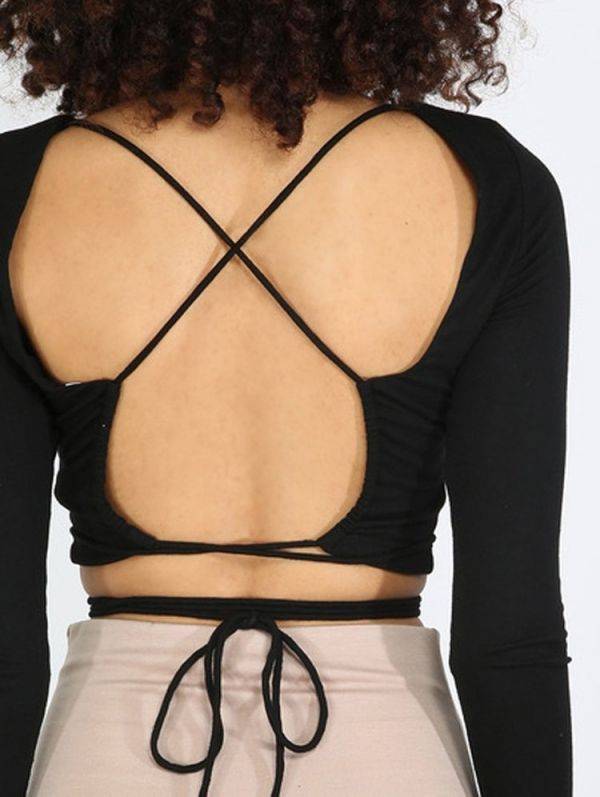 Short black blouse exposed back long sleeve
