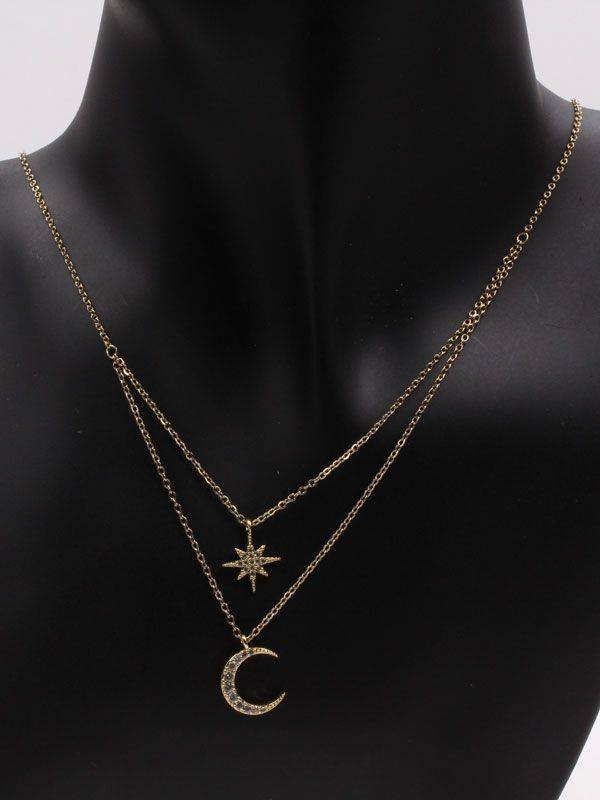 Silver crescent and star double layer necklace