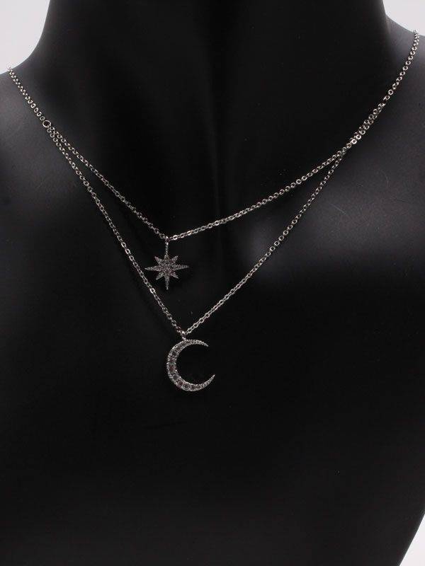 Silver crescent and star double layer necklace