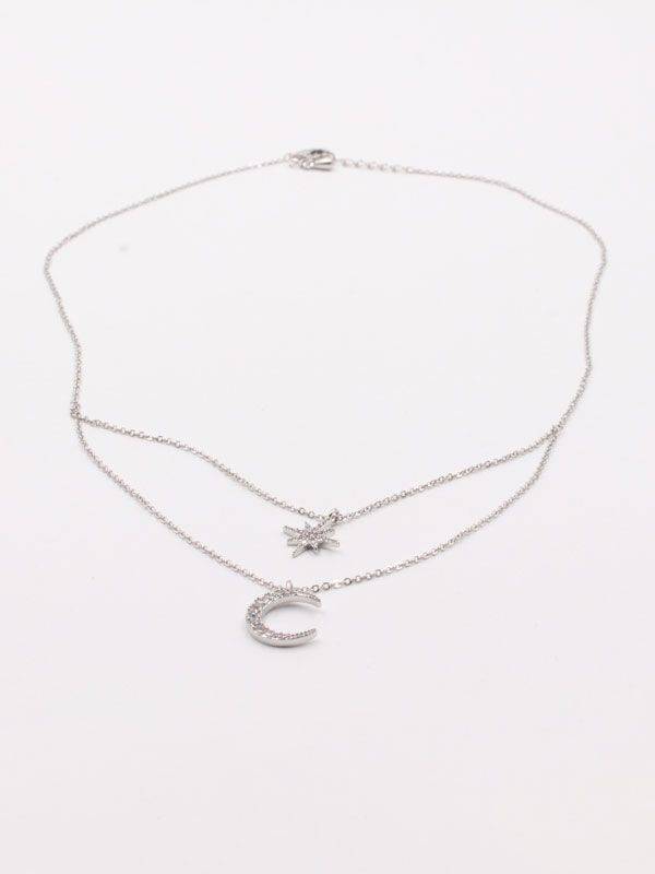 Silver crescent and star double layer necklace