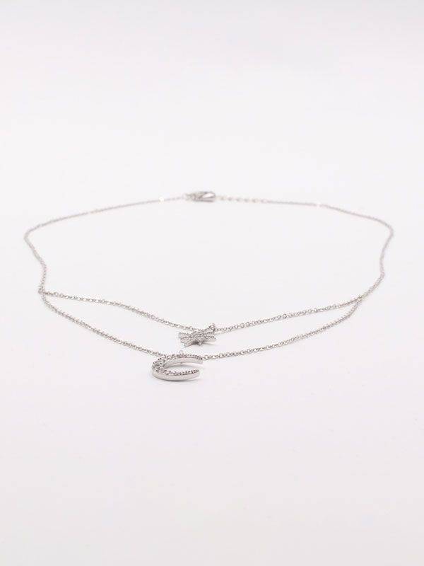Silver crescent and star double layer necklace