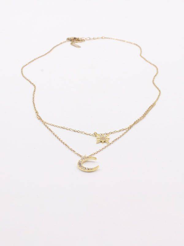 Silver crescent and star double layer necklace